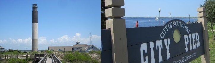 Oak Island Lighthouse at Caswell Beach and City Pier at Southport NC